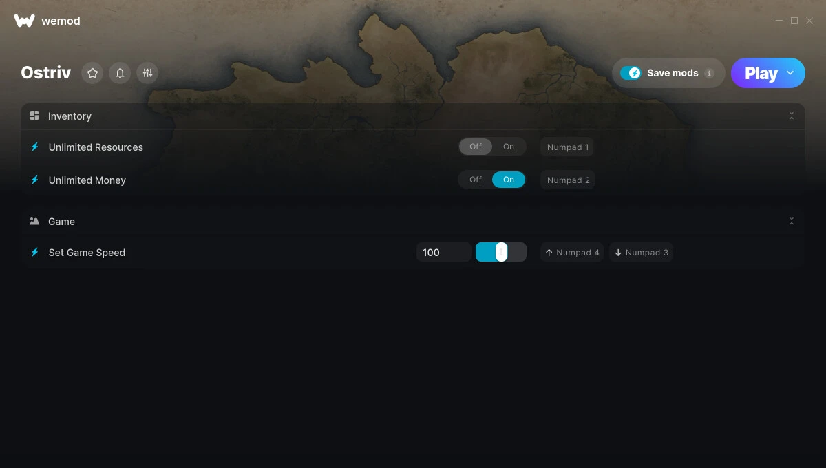 Ostriv "Трейнер +3 от WeMod: ресурсы, деньги, скорость игры"