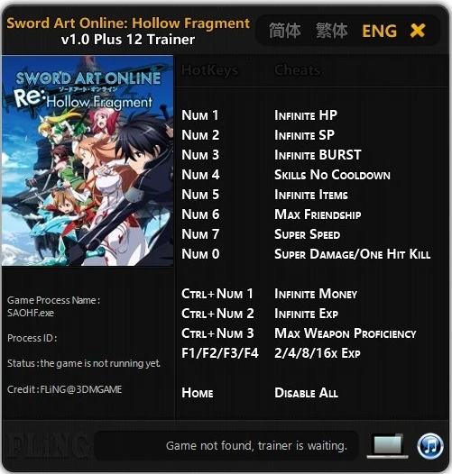 Sword Art Online: Hollow Fragment: Трейнер/Trainer (+12) [1.00-1.02] {FLiNG}