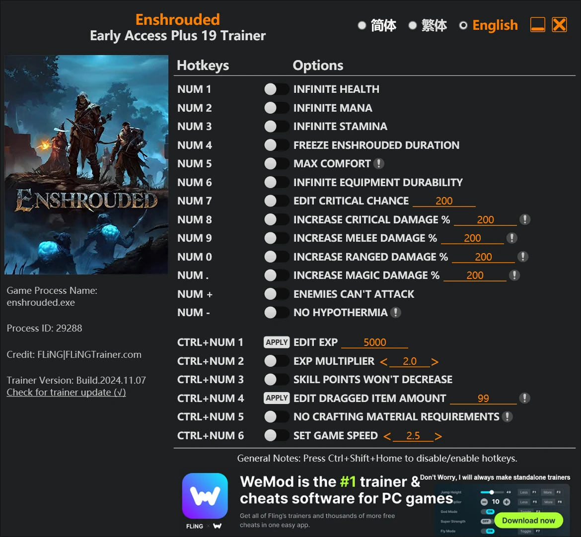 Enshrouded "Трейнер +19 от FLiNG: Редактор игрока и предметов"