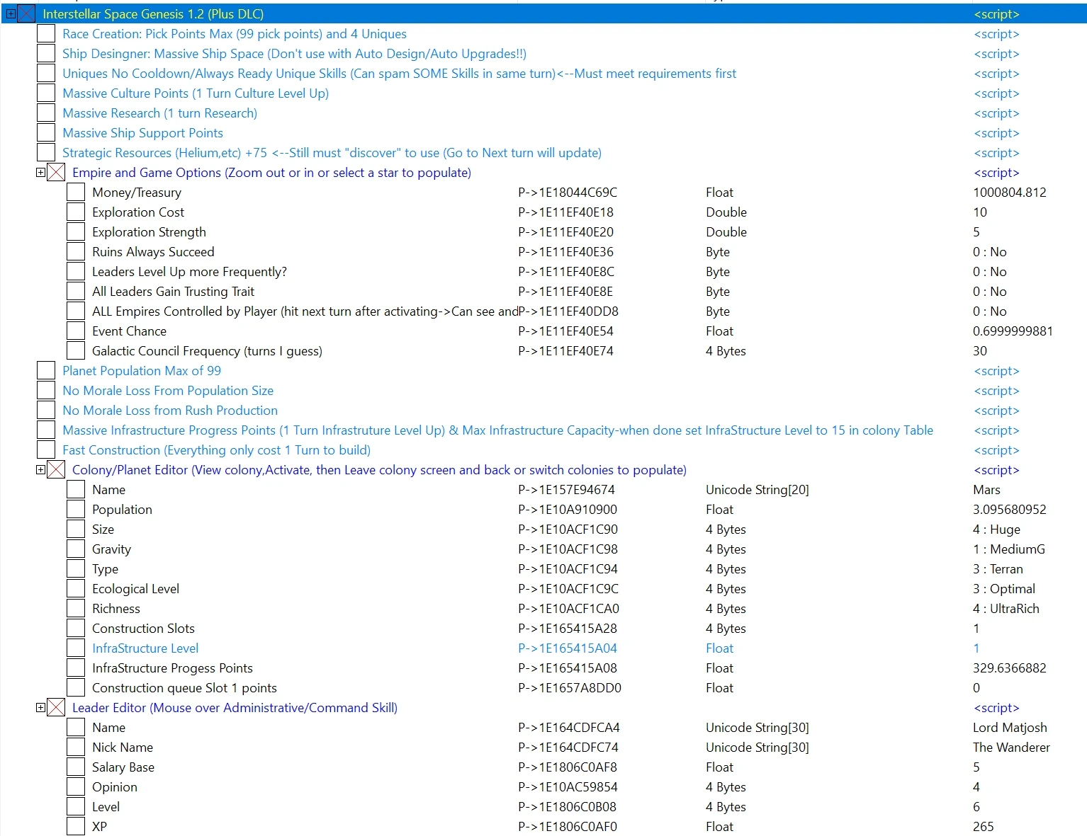 Interstellar Space: Genesis: Таблица для Cheat Engine [1.3.4] {gideon25}