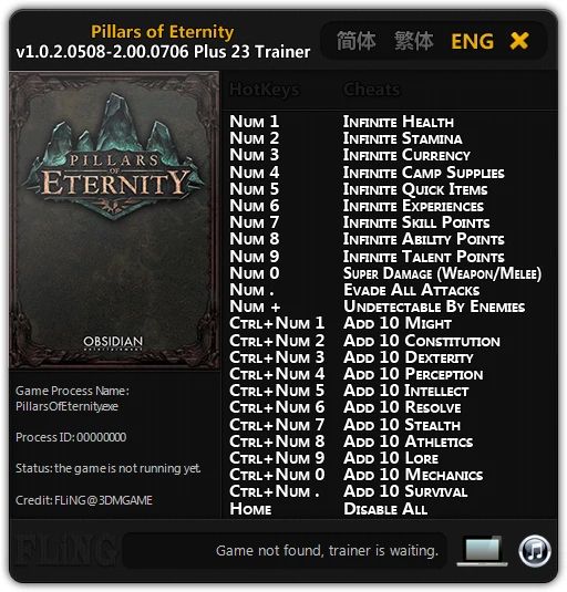 Pillars of Eternity: Трейнер/Trainer (+23) [1.0.2.0508 - 2.00.0706] {FLiNG}