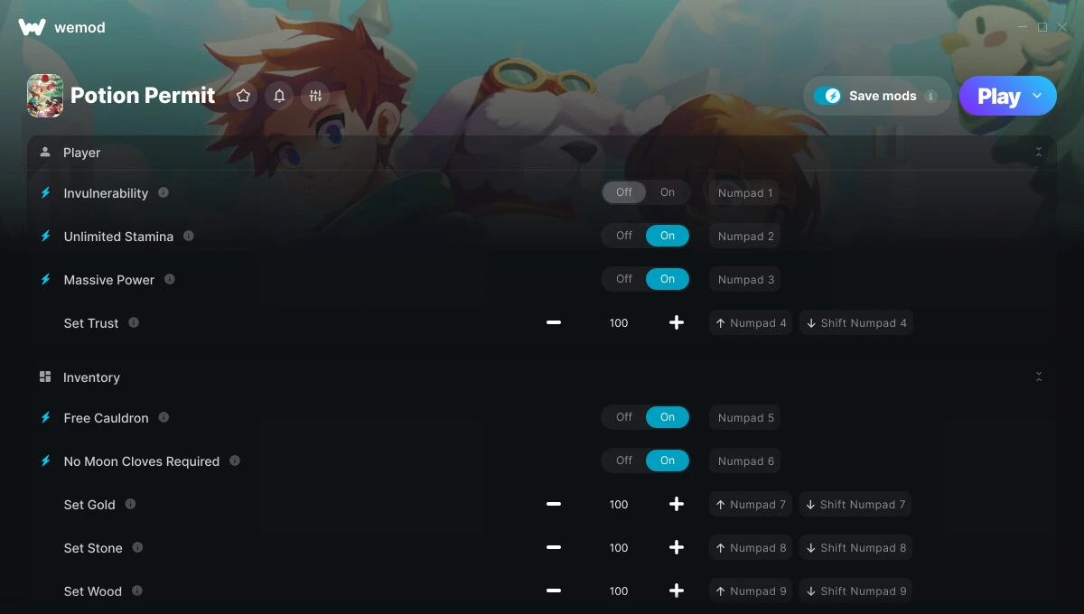 Potion Permit "Трейнер +14 от WeMod: Неуязвимость, выносливость, сила и пр"