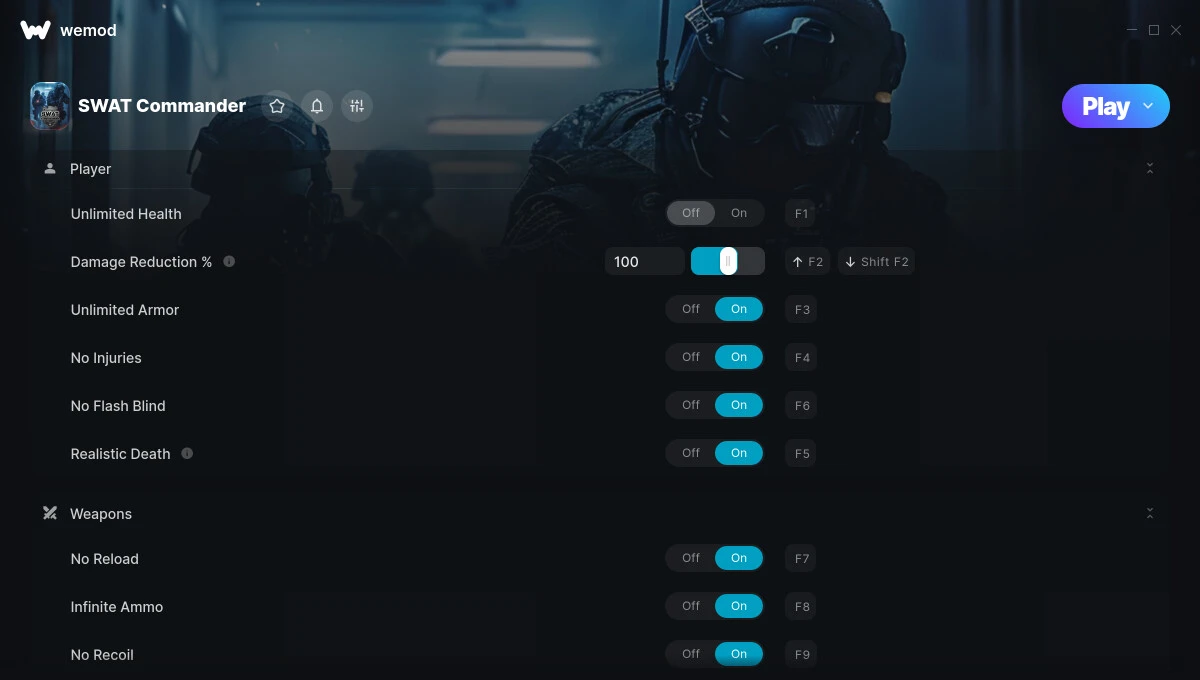 SWAT Commander "Трейнер +28 от WeMod: Здоровье, броня, патроны, очки"