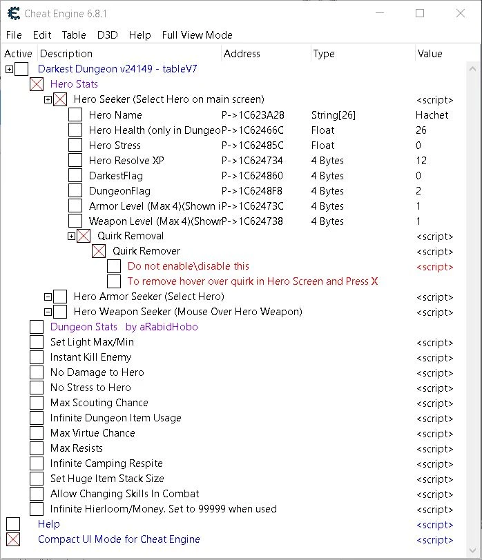 Darkest Dungeon: Таблица для Cheat Engine [Build 25546] {koderkrazy}