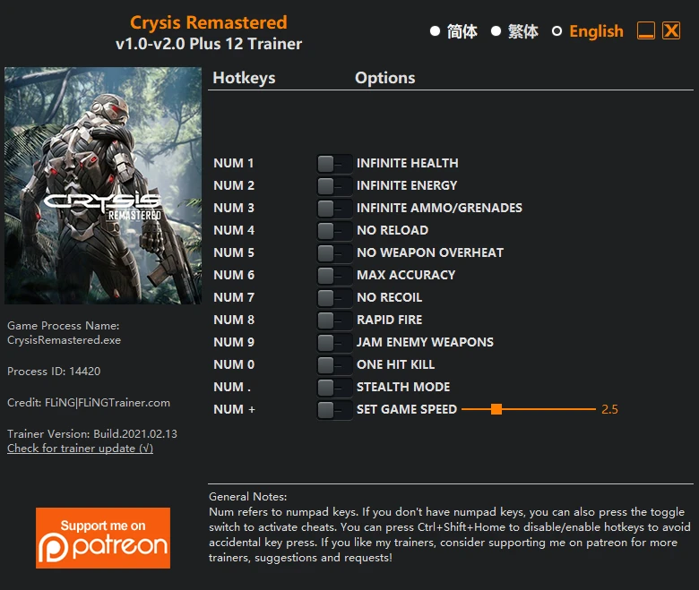Crysis Remastered: Трейнер/Trainer (+12) [1.0 - 2.0] {FLiNG}