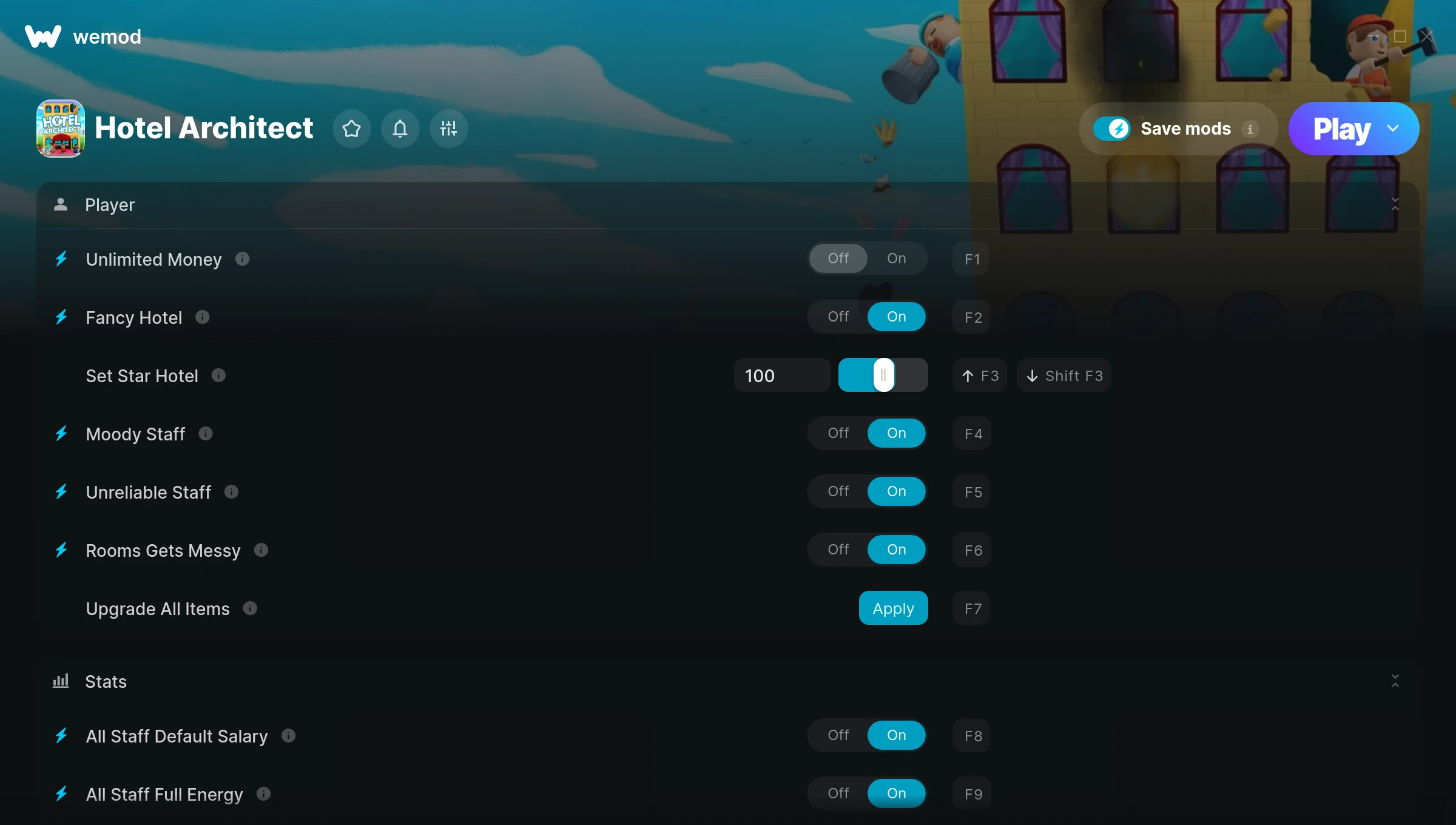 Hotel Architect "Трейнер +22 от WeMod: Редактор игрока, отеля, сотрудников, клиентов"