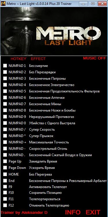 Metro ~ Last Light: Трейнер/Trainer (+20) [1.0.0.14] {Aleksander D}