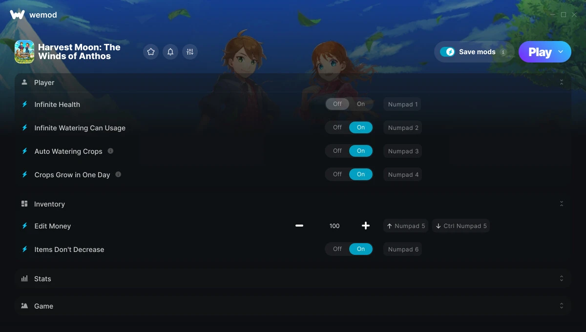 Harvest Moon: The Winds of Anthos "Трейнер +12 от WeMod: Здоровье, лейка, деньги и пр"