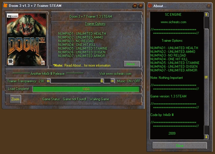 Doom 3: Трейнер/Trainer (+7) [v.1.3 / 1.3.1/ *STEAM] {h4x0r}