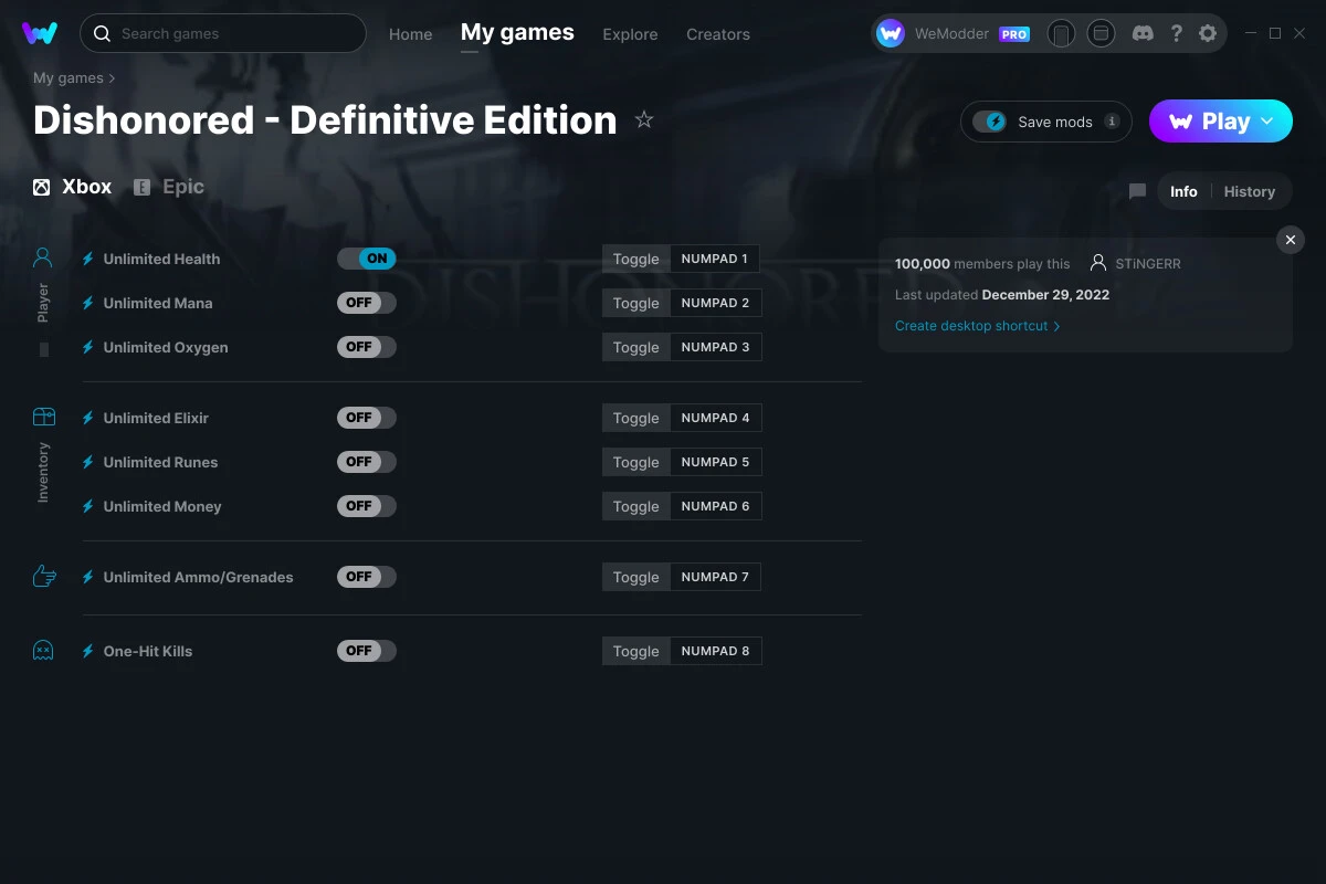 Dishonored - Definitive Edition "Трейнер +8" [UPD: 29.12.2022] {STiNGERR / WeMod}