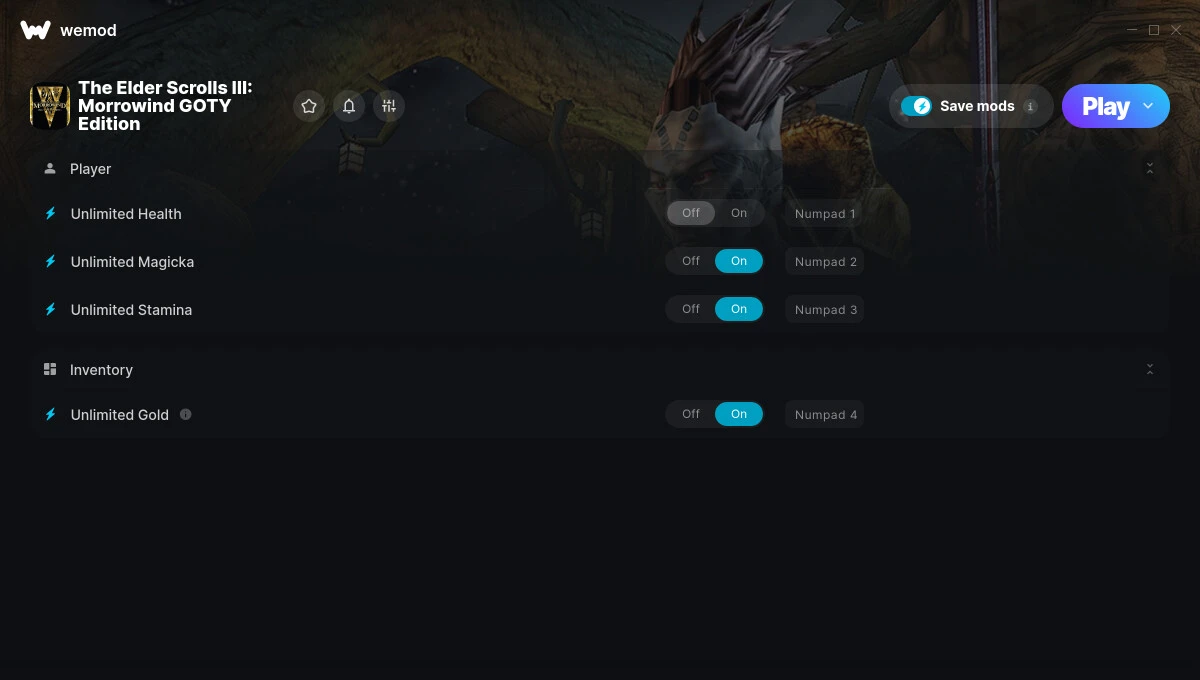 The The Elder Scrolls 3: Morrowind GOTY Edition "Трейнер +4 от WeMod: Здоровье, магия, выносливость и пр"