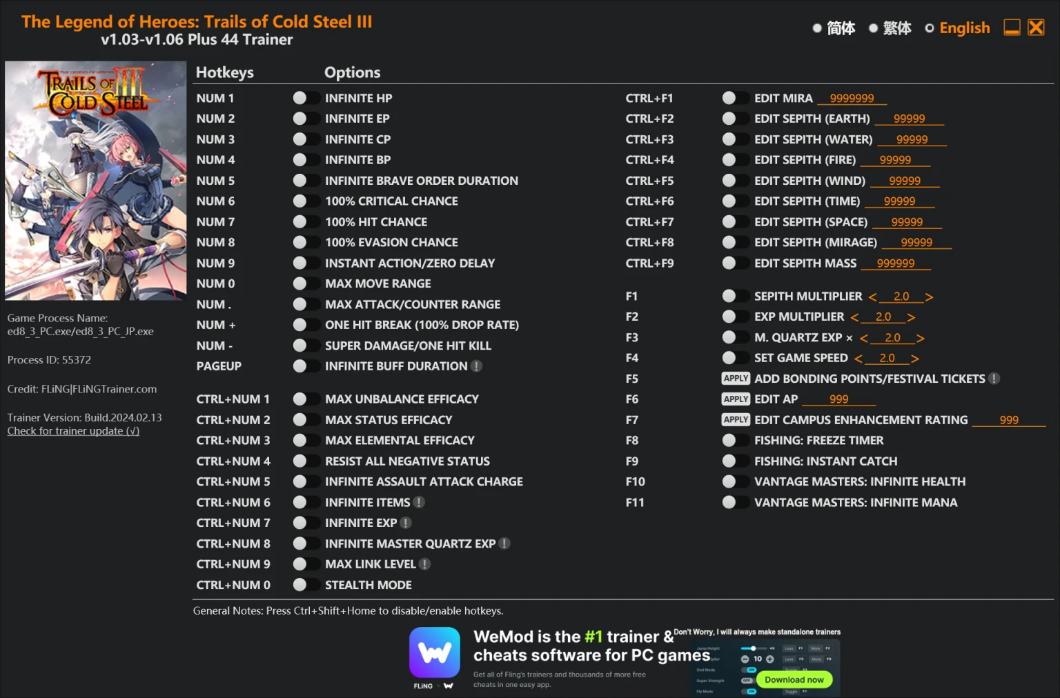 The Legend of Heroes: Trails of Cold Steel "Трейнер +44" [1.03 - 1.06] {FLiNG}