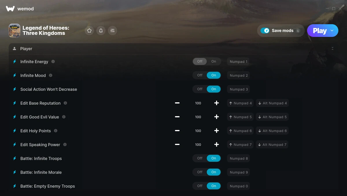 Legend of Heroes: Three Kingdoms "Трейнер +50 от WeMod: энергия, настроение, сила"