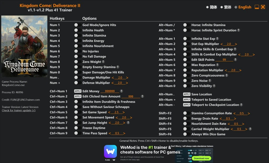 Kingdom Come: Deliverance 2 "Трейнер +41 от FLiNG: Редактор игрока, ресурсов, репутации" [1.4]