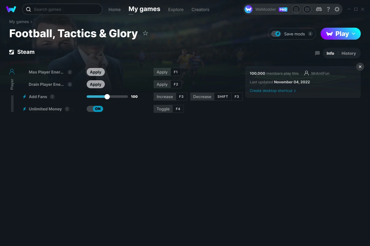 Football, Tactics & Glory "Трейнер +4" [UPD: 04.11.2022] {MrAntiFun / WeMod}