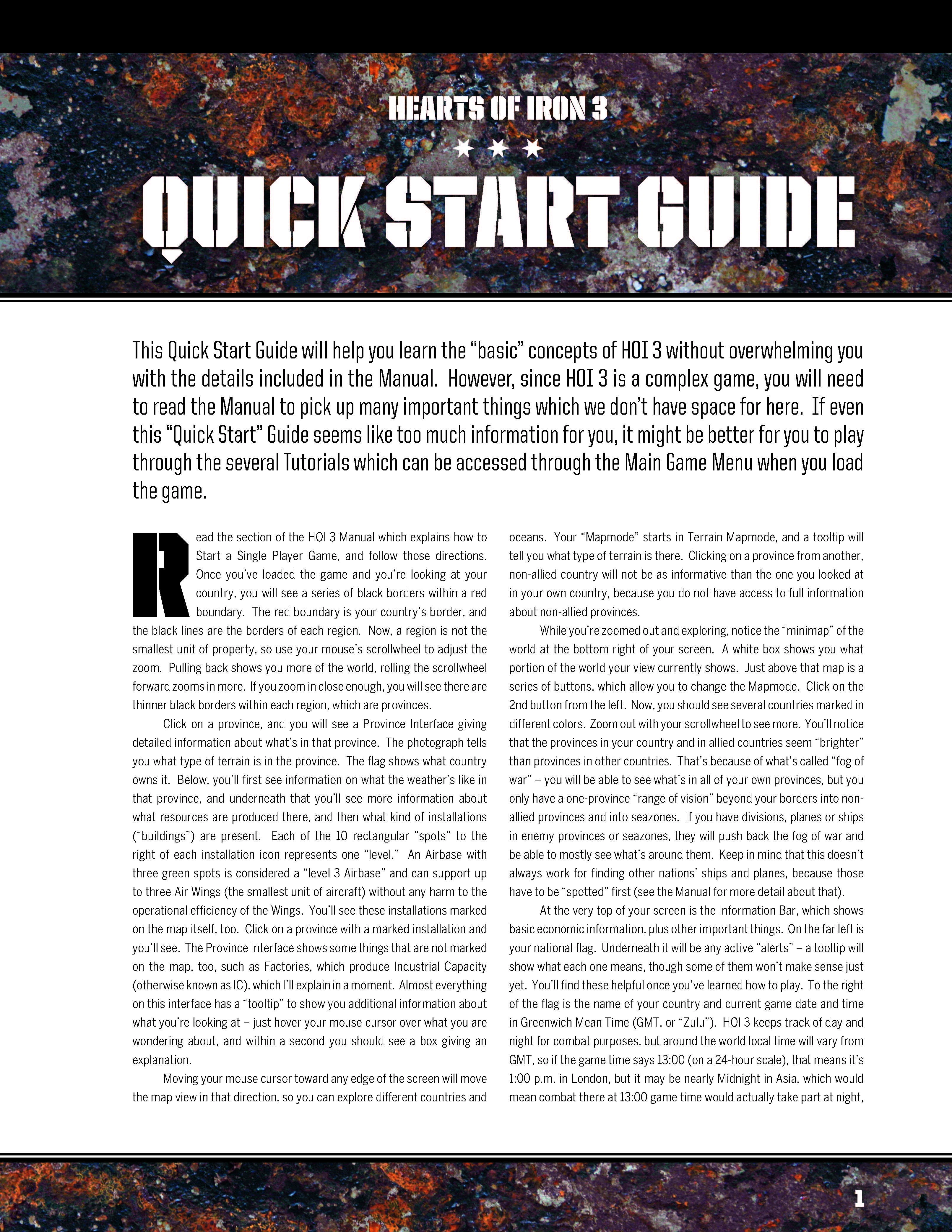 Hearts of Iron 3 "Quickstart Guide (Руководство по быстрому старту)"