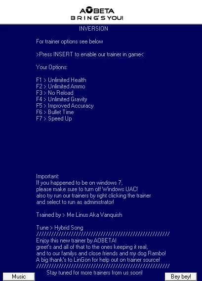 Inversion: Трейнер/Trainer (+7) [All Versions] {Linus/AOBETA}