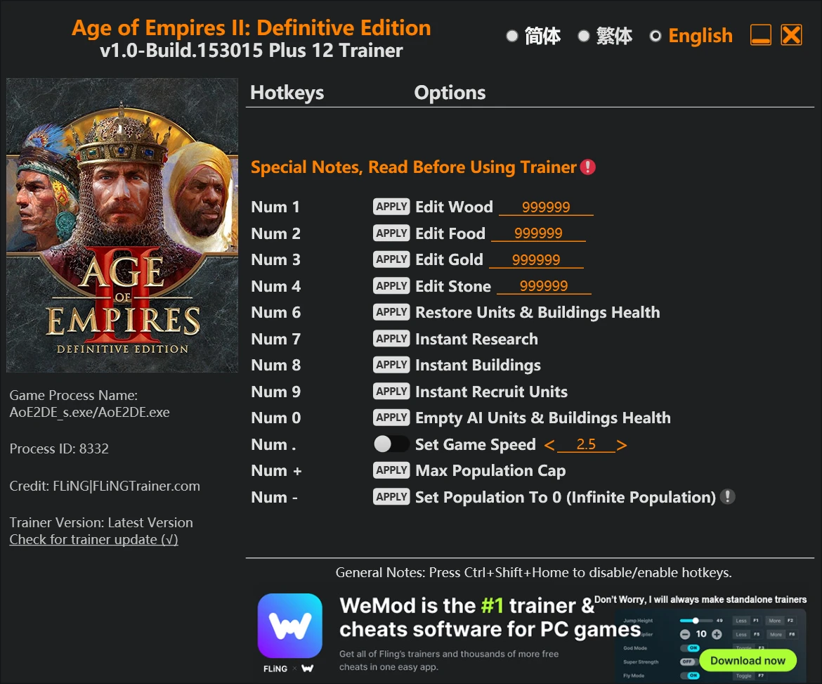 Age of Empires 2 - Definitive Edition "Трейнер +12 от FLiNG: Ресурсы, здоровье, популяция" [1.0 - Build.158041]