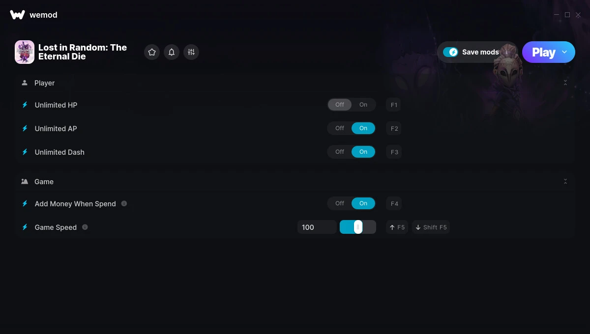 Lost in Random: The Eternal Die "Трейнер +5 от WeMod: Здоровье, деньги, скорость и пр"