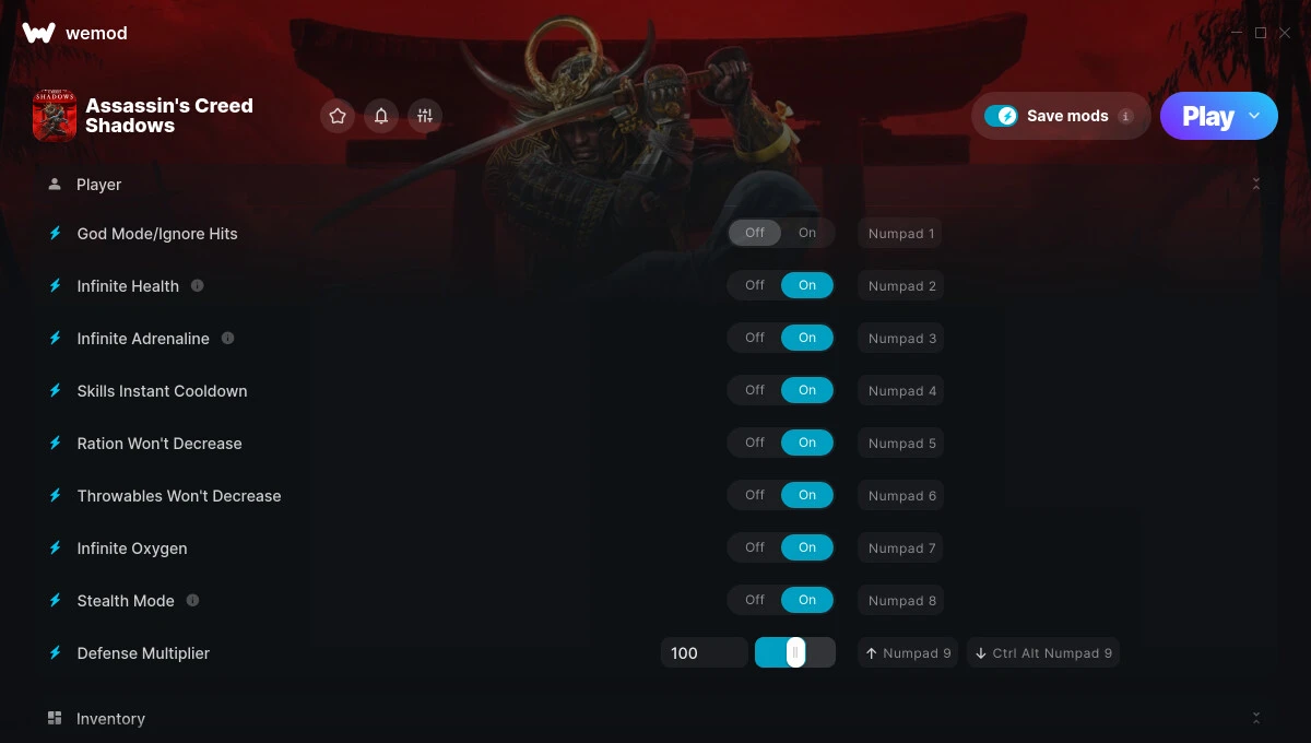 Assassin's Creed Shadows "Трейнер +26 от WeMod: Здоровье, адреналин, кислород и пр"