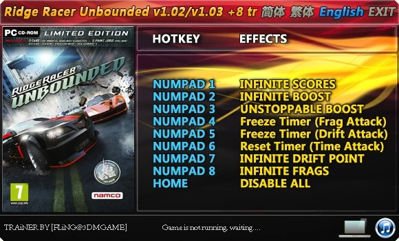 Ridge Racer Unbounded: Трейнер/Trainer (+8) [1.2/1.3] {FLiNG}