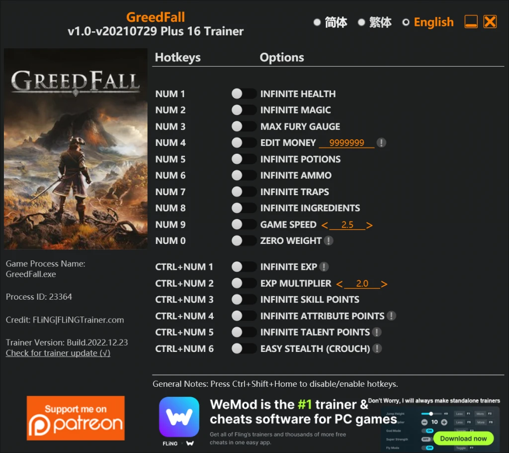 GreedFall "Трейнер +16" [1.0 - UPD: 29.07.2021] {FLiNG}