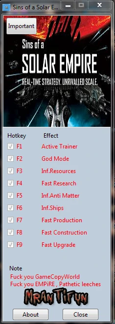 Sins of a Solar Empire ~ Rebellion: Трейнер/Trainer (+8) [1.0.1.0] {MrAntiFun}