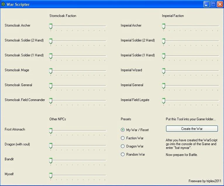 The Elder Scrolls V: Skyrim:  Редактор "WarScripter/Генератор битв"