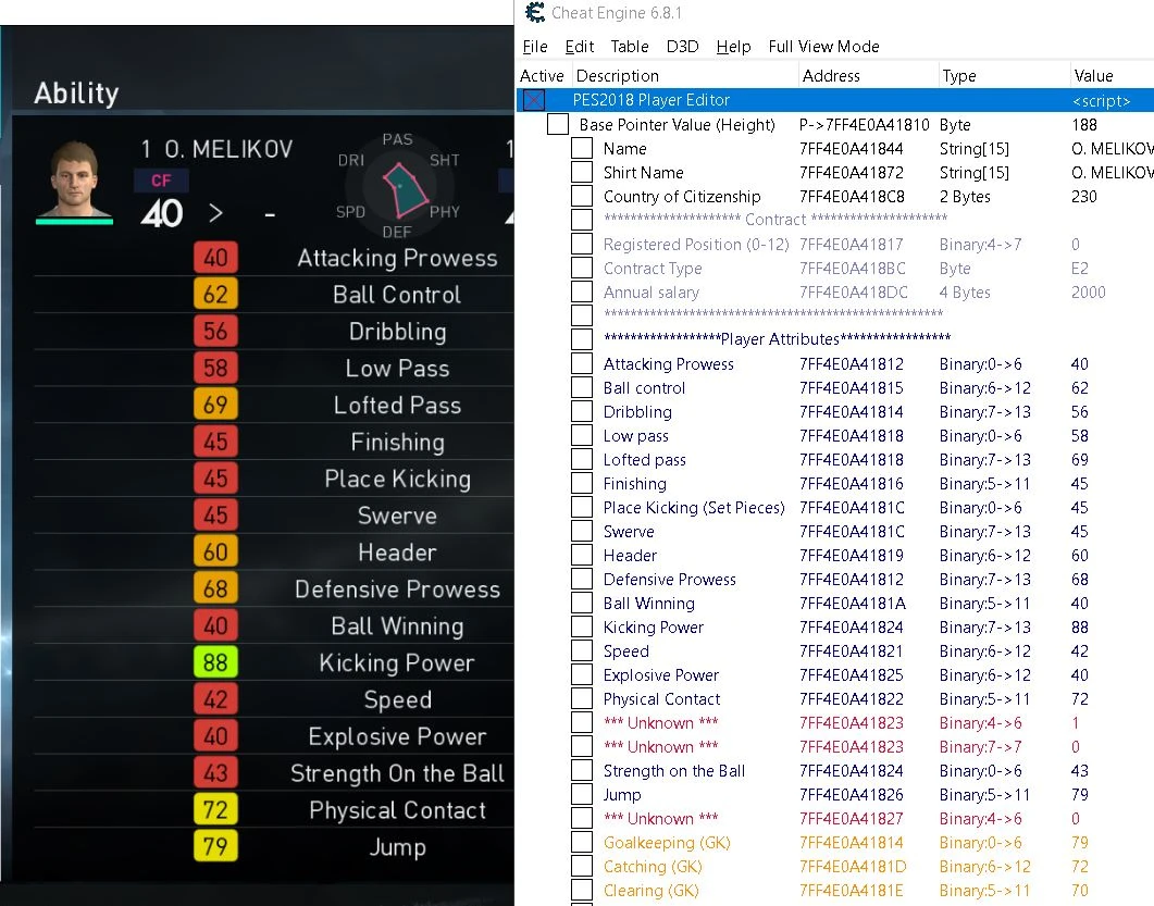 Pro Evolution Soccer 2018: Таблица для Cheat Engine [1.05.02 Data Pack 4.0.1] {koderkrazy}
