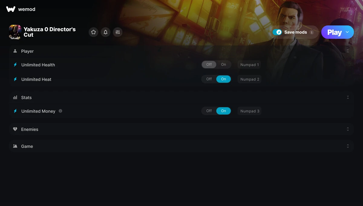 Yakuza 0 Director's Cut "Трейнер +6 от WeMod: Здоровье, жар, деньги и пр"