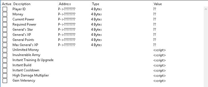 Command & Conquer: Generals - Zero Hour: Таблица для Cheat Engine [1.04]