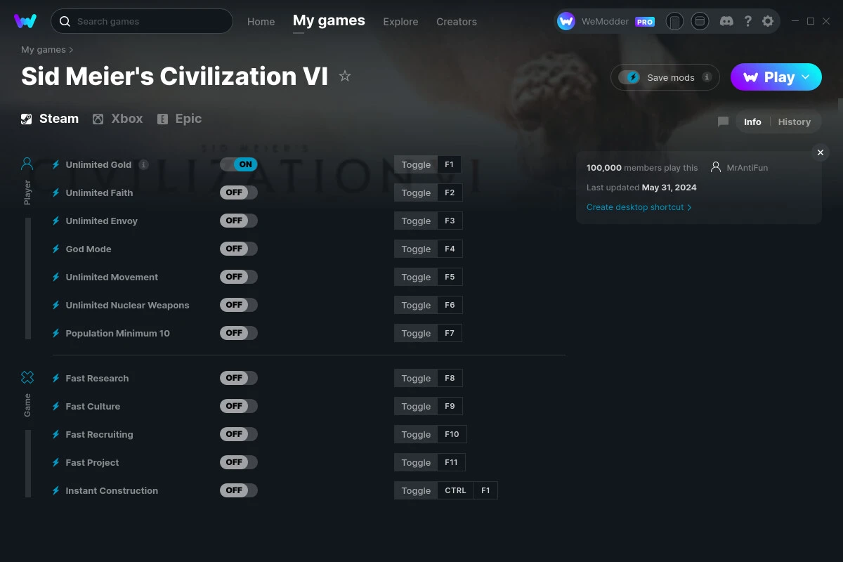 Sid Meier's Civilization 6 "Трейнер +13" [UPD: 31.05.2024] {MrAntiFun / WeMod}