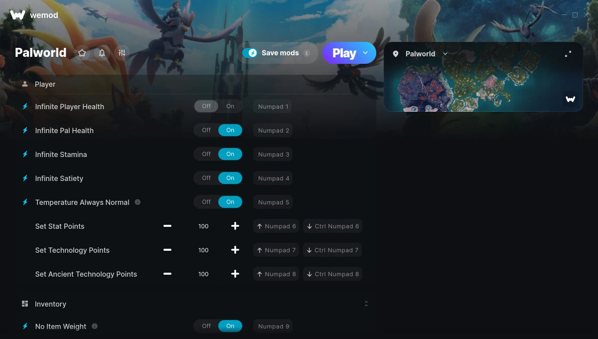 Palworld "Трейнер +48 от WeMod: Здоровье, выносливость, сытость и пр"