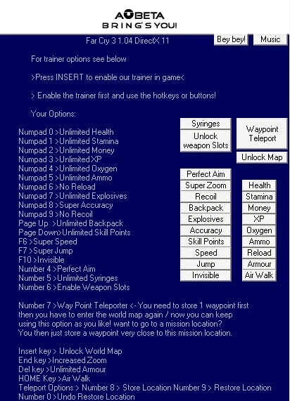 Far Cry 3: Трейнер/Trainer (+25) [1.04: DX9/11] {Linus/AOBETA}