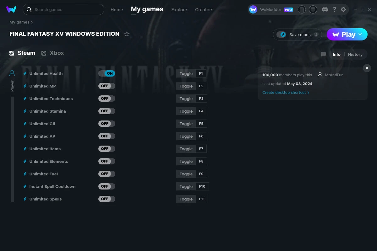 Final Fantasy 15 Windows Edition "Трейнер +13" [UPD: 08.05.2024] {MrAntiFun / WeMod}