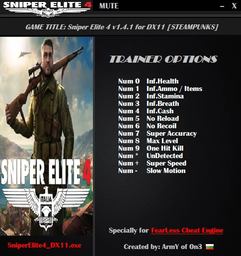 Sniper Elite 4: Трейнер/Trainer (+13) [1.4.1 DX11-DX12] {ArmY of 0n3}