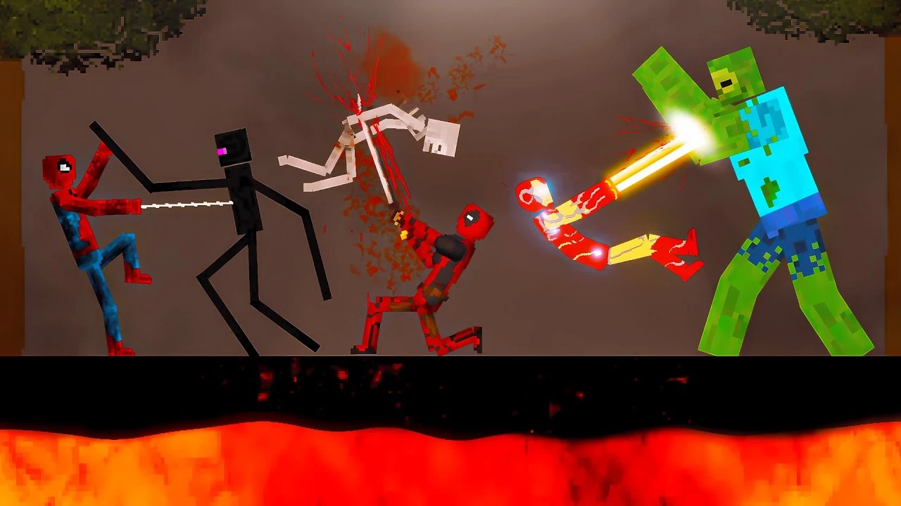 Команда супергероев против существ Minecraft на лаве в People Playground