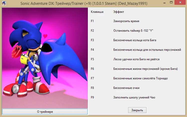 Sonic Adventure DX: Трейнер/Trainer (+9) [1.0.0.1 Steam] {Ded_Mazay1991}