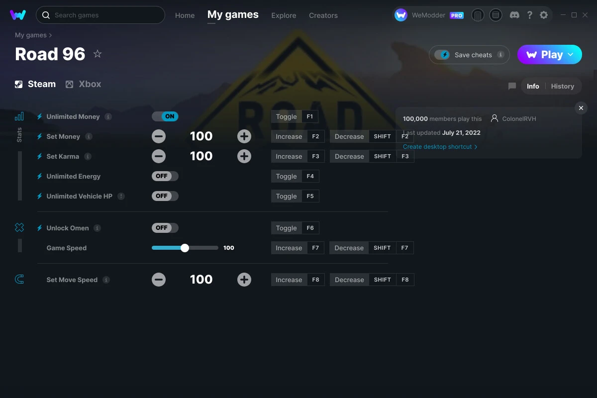 Road 96 "Трейнер +8" [UPD: 21.07.2022] {ColonelRVH / WeMod}