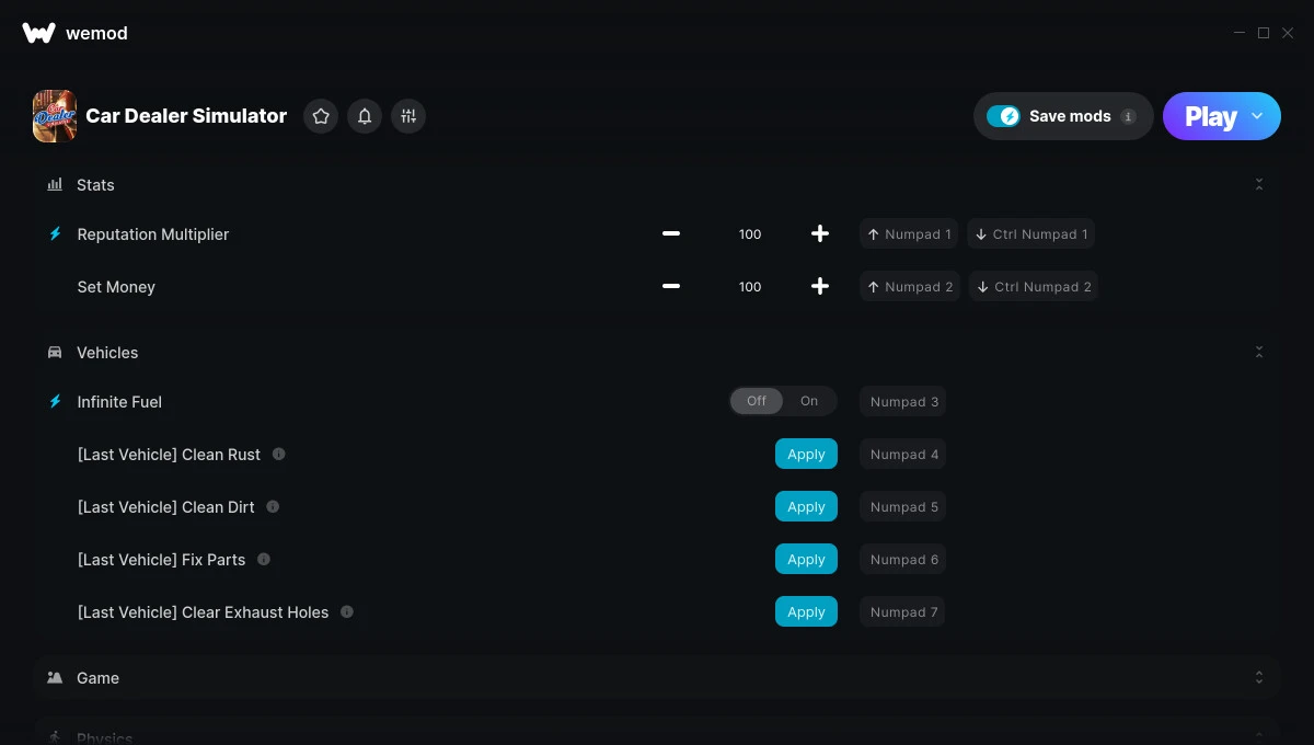 Car Dealer Simulator "Трейнер +11 от WeMod: Репутация, деньги, топливо и пр"