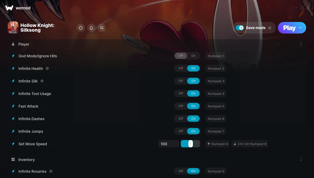 Hollow Knight: Silksong "Трейнер +17 от WeMod: Здоровье, прыжок, шёлк, зелья и пр"