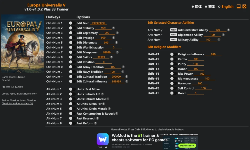 Europa Universalis 5 "Трейнер +33 от FLiNG: Редактор золота, ресурсов и пр" [1.0 - 1.0.2]