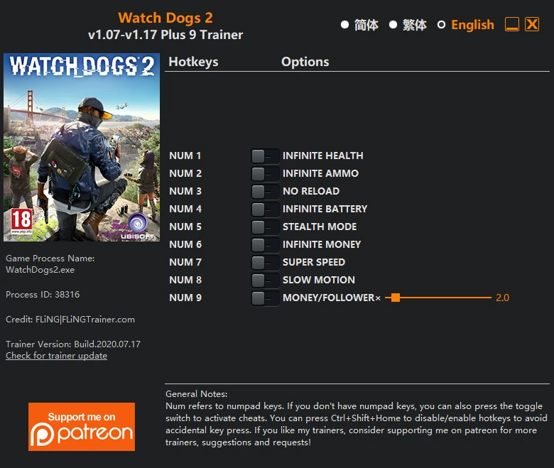 Watch Dogs 2: Трейнер/Trainer (+9) [1.07 - 1.17] {FLiNG} - Updated Version