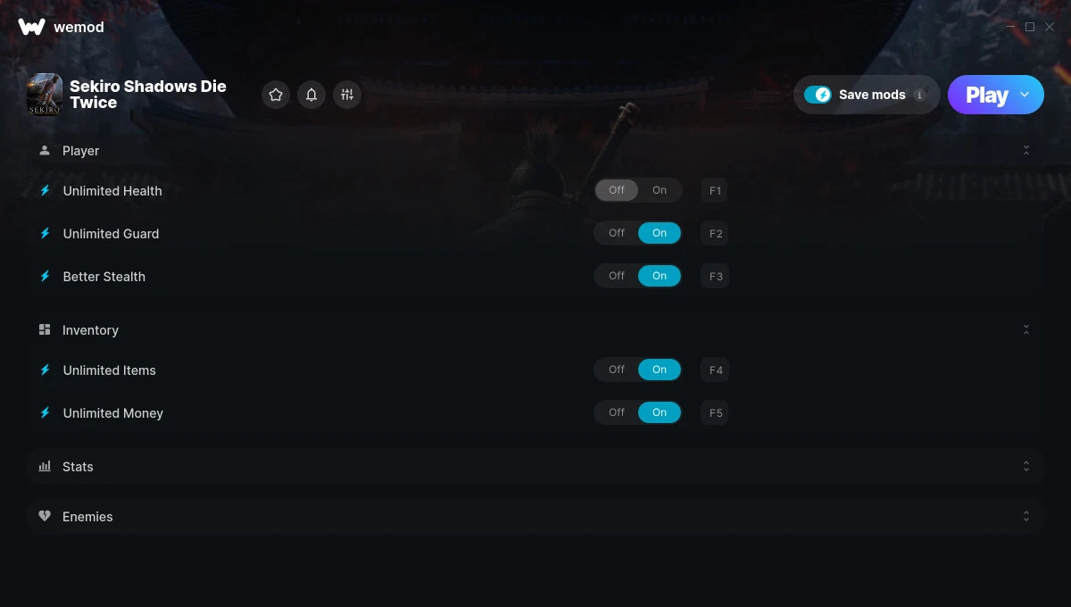 Sekiro: Shadows Die Twice "Трейнер +9 от WeMod: Здоровье, деньги, опыт и пр"