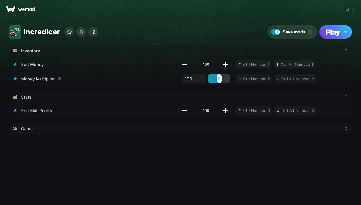 Incredicer "Трейнер +4 от WeMod: Редактор денег, очков навыка и скорости"