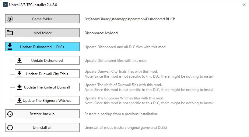 Dishonored "TFC Installer - установка скинов"