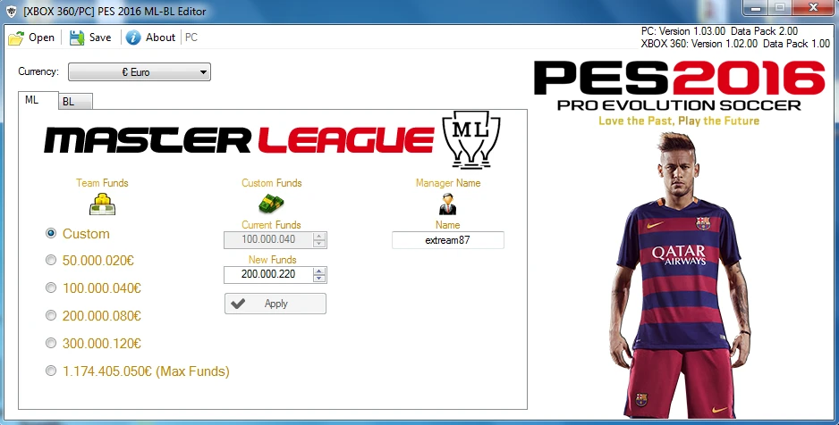 PES 2016 Редактор Мастер лига и Статья Легендой / ML&BL Editor 1.2 [extream87]