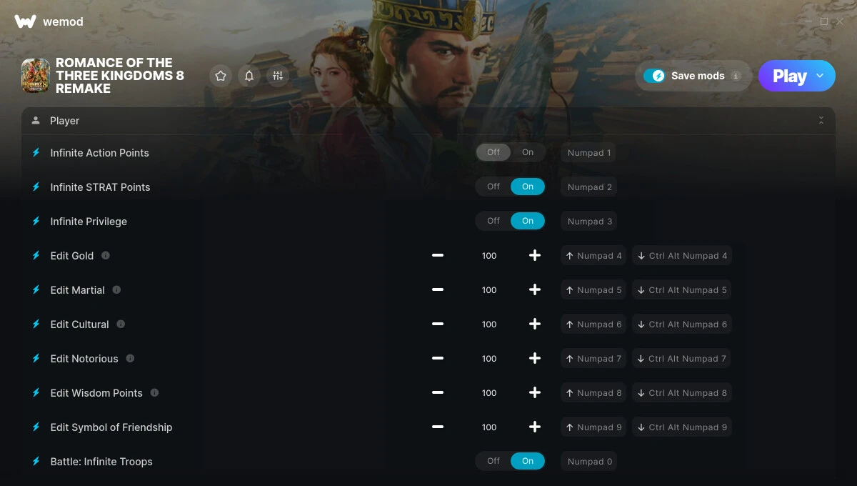 Romance of the Three Kingdoms 8 "Трейнер +64 от WeMod: Очки, золото, мораль и пр"