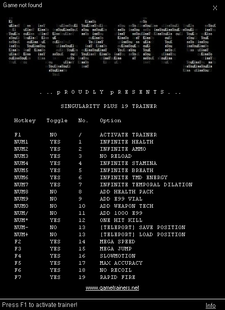 Singularity: Трейнер (+19) [1.1] {iNSANiTY}