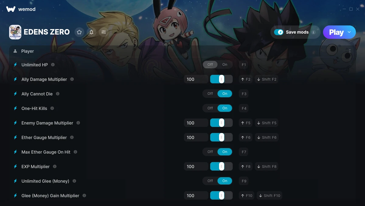 Edens Zero "Трейнер +21 от WeMod: Здоровье, урон, опыт и пр"